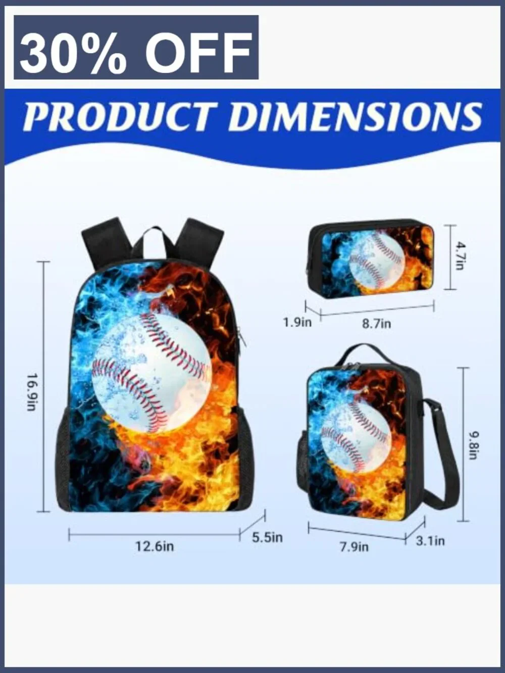 17 Inch Baseball Backpack Set with Lunch Box & Pencil Case for School